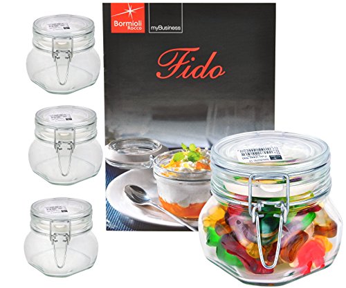 4er Set Einmachglas Bügelverschluss Original Fido 0,5L incl. Bormioli Rezeptheft
