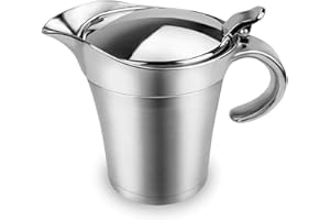 KEYOUNG Edelstahl Sauciere 450ml, Doppelt Isoliert mit Klappdeckel Soßenkanne, Thermo-Sauciere mit Deckel, Eleganter Silberner Saucenkrug zum Servieren von Soße Vanillesoße Sahne Hause oder auf Dinnerpartys
