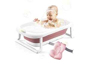 BEWAVE Baby Bathtub, Foldable Infant Bath Tub, Collapsible Newborn Toddler Bathing Support with Cushion for 0-2 Years’, Pink