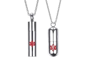 Flongo SOS Cápsula Emergencia Colgante Cadena Collar Cadena Colgante Acero Inoxidable Cadena Plata Rojo Medical Alert ID SOS Emergencia Cápsula