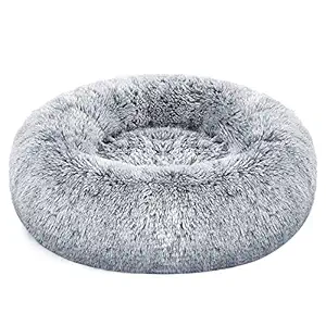 FEANDREA Dog Bed, Cat Bed, Soft Plush Surface, Donut-Shaped Dog Sofa with Removable Inner Cushion, Washable, 23 Inches Dia., Gray UPGW038G01