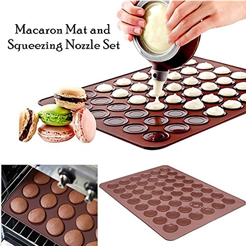 Langtek Tapis de Cuisson Macarons, Plaque à Macarons Meringues Moule en Silicone pour 48 Coques Macarons avec 1 Poche à Douille et 4 Douilles de Formes Differentes