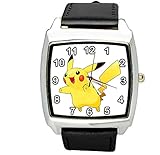 taport Pikachu Pokemon quadratisch Quarzuhr schwarz Leder Band + Gratis Ersatz Akku + Geschenk Tasche