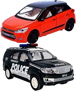 PRIYVI Car Toy for Kids Combo of Pull Back Action i20 Car with Police Interceptor Model Toy Car for Kids and Boys (Color May Vary)