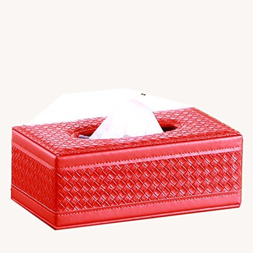 Creative Rectangular PU Leather Facial Tissue Box Cover Wood Paper Holder,Table Decorative for Home Office (Red Woven Big)