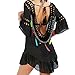 Produktbild MCYs Damen Bikini Feder Vertuschen Reine Hand Chiffon Crochet Knit Hollow-Out Strandkleid Backless Strand V- Ausschnitt Badeanzug Bikini-Kittel Cover Up mit Quaste One Size (Schwarz)