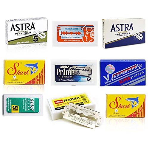 Derby-Astra-Dorco-Shark-Feather-Merkur-Supermax, zweischneidige Sicherheits-Rasierklingen Probe Set - 70 Klingen