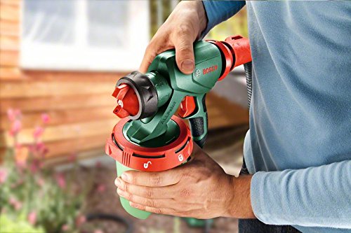 Bosch DIY Farbsprühsystem PFS 3000-2, Farbbehälter 1000 ml, Düse für Lacke und Lasuren (grau)/ Wandfarbe (weiß), Schultergurt, Farbfilter, Reinigungsbürste, Karton (650 W, 300 ml/min, 2m²/min) - 8