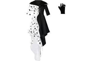 LILLIWEEN Cruella Deville Costume Dress,Womens Cruella Dalmatian Cosplay Hooded Dresses Coat Halloween Skirt With Gloves