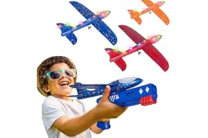 Protado Airplane Launcher Toy, 1 Airplane Launcher with 3 Pack Led Light Foam Glider Planes, 2 Flight Modes Catapult Outdoor Flying Toys, Birthday Gifts for 4 5 6 8 9 10 12 Year Old (Blue Launcher)