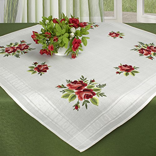 Stilvolle Stickpackung " BEAUTIFUL ROSES " mit wundervollen Rosen - Stickdecke 80 cm x 80 cm mit eingewebtem Zierrand - Spannstich vorgezeichnet - Stickgarn aus 100 % Baumwolle - fertig gesäumt - qualitativ hochwertig - zum Sofort-Loslegen - Mitteldecke 80 x 80 - zum Selbersticken - aus dem KAMACA-SHOP