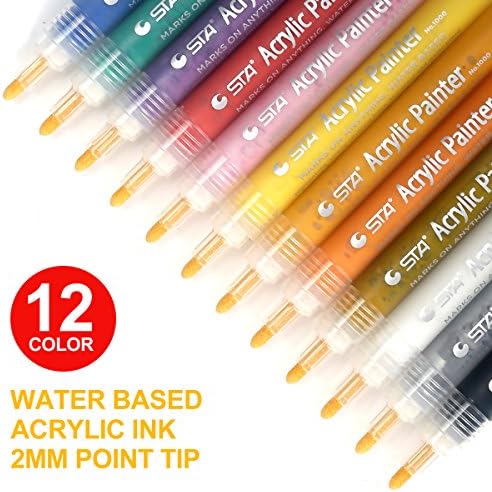 Acrylic Metalic Paint Marker Pens - Medium Point Tip Markers For Rock Painting, Mug Design, Ceramic Art, Glass, Metal, Wood, Fabric, Crafting, Leather Set Of 12 Colors For Kid, Teen, Children, Adult
