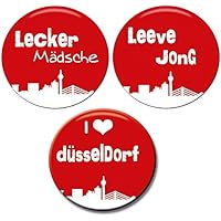 Polarkind Button Anstecker 3 Set i love Düsseldorf lecker Mädsche Leeve Jong Wunschgröße handmade 38mm 59mm Mitbringsel