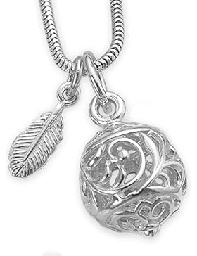 Engelsglöckchen Flügel Feder Klang-Kugel Kettenanhänger Halskette Collier echt 925er Silber Engelschmuck #as54