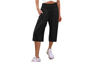 KUIH 3/4 Shorts for Women UK Summer Comfy Cotton Linen Shorts Wide Leg High Waist Straight Shorts with Pockets Hiking Outgoing Shorts Trousers Breathe Beach Shorts UK Size 8-18