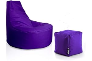 PATCH HOME Gamer Sessel Sitzsack inkl. Würfel Bean Bag Set Ø80cm, 30cm Sitzhöhe, 90cm Höhe + 35x35cm Würfel Lila
