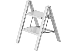 Ladnamy 2 Stufen Leiter Aluminium klappleiter Trittleiter 2 Stufen Klappbar, Kleine Tritthocker mit Breitem & Anti-Rutsch Pedal, Maximale Tragfähigkeit 150KG (Silber)