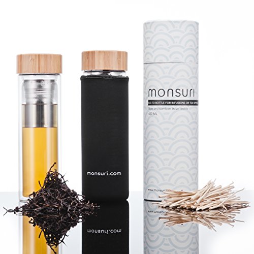 Monsuri 450ml doppelwandige infuser Trinkflasche glas für Tee Aufguss und Frucht infundiert Wasser mit einem Bambusholz-Deckel, einer Neopren Schutzhülle und einem einzigartigen, trennbaren 2 in 1 Edelstahl-Sieb. Tragbare, kompakte und wiederbefüllbare Isolierflasche, Teebereiter to go, Thermobecher mit teesieb, Infusion Bottle, groß tee-glas, Teekanne für losen Blatt-Tee, Früchtetee, ätherisches Öl, Eistee, Kaffee, einen Smoothie, oder eine Detox-Diät - 2