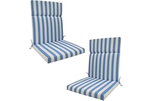BJWU Set of 2 Waterproof High Back Garden Chair Cushions with Ties - Indoor/Outdoor Seat Pads for Patio, Loungers, Recliners & Rocking Chairs (Blue Stripes, 45 ×107 × 3cm)