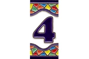 TORO DEL ORO Números para casas. Números y Letras en cerámica esmaltada, Pintados a Mano con la técnica de la cuerda seca. Nombres y direcciones. Modelo Mini Mosaico 3,5 cms x 7,5 cms (Número uno "4")