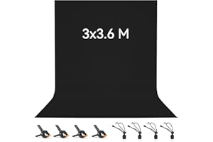 Toile de Fond Noir 3 x 3,6 M avec 8 Clips Anti-Plis, Vevelux Écran Noir 100% Polyester Pliable Lavable Durable pour Photographie, Vidéo, Camera, Photo, Prise de Vue Vidéo