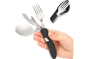 Senvenelec De múltiples fines 4-en-1 Cubiertos Plegables, Vajilla Portátil de Acero Inoxidable para Camping, Vajilla Plegable Desmontable, Incluye Cuchillo, Tenedor, Cuchara y Abridor - negro.