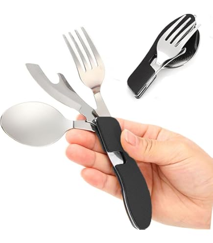 Set Posate Da Campeggio Pieghevoli 8 In 1 - Acciaio Inossidabile, Verde Militare, Per Outdoor