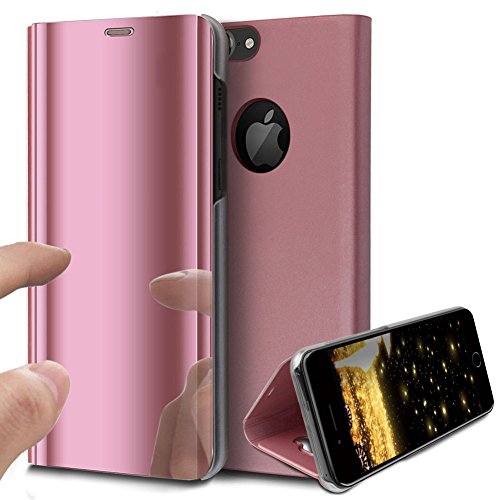 HMTECH iPhone 8 / 7 Plus Case Clear View Window Electroplate Plating Stand Mirror Flip Ultra Slim Thin Full Body Wallet Kickstand Bookstyle Cover for iPhone 8/7 Plus 5.5 Inch,Mirror PU Rose Gold