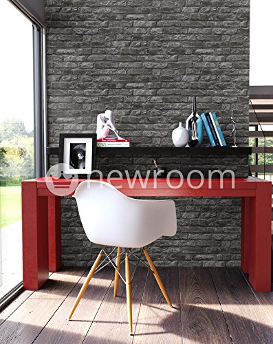 Steintapete in Schwarz | schöne edle Tapete im Steinmauer Design | moderne 3D Optik für Wohnzimmer, Schlafzimmer oder Küche inklusive der Newroom-Tapezier-Profi-Broschüre, mit Tipps für perfekte Wände - 3