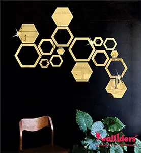 Wall1ders 4 Hexagon and 12 Hexagon Shapes Different Size Golden Mirror Stickers for Wall (Golden)