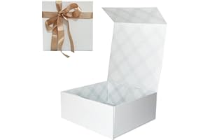 Tekhoho Caja de Regalos Blanco 21,5x21,5x9 cm, Caja de Regalos Premium con Tapa MagnéTica y Cinta para Embalaje de Regalos de Bodas y CumpleañOs, Forro a Cuadros
