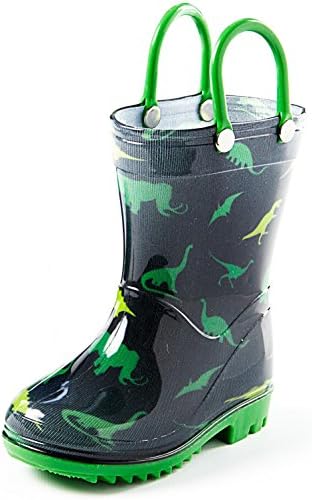 Puddle Play Toddler and Kids Rain Boots With Easy On Handles Size 10 - Boys Green and Black Dinosaur Design by