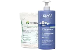 HEXACARE Pack Eau Nettoyante Bébé 1L et 200 cotons 8x10 cm – Visage et Corps dès la Naissance – 98 % d’Origine Naturelle – Testé Sous Contrôle Pédiatrique