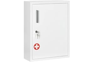 kleankin Armadietto Farmaci a Parete a 3 Ripiani con 2 Chiavi di Sicurezza, Armadietto Porta Medicinali in Acciaio, 40x15x53.5 cm, Bianco, Rosso