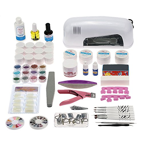 Anself - Set 61Pcs completo de uñas manicura de juego kit de 9W lámpara secador de uv gel esmaltes pegatinas acrílico consejos removedor pinceles de clavos