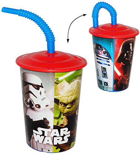 Trinkbecher mit Strohhalm - " Star Wars " - für Kinder Kunststoff - Becher - Deckel & mit Insekten Schutz - Sommer Bienen / Trinkhalmbecher - Kunststoffbecher - Trinkglas Saftbecher Strohhalmbecher - Starwars - Anakin Skywalker - Jedi / Yoda - R2 D2 - Stormtrooper