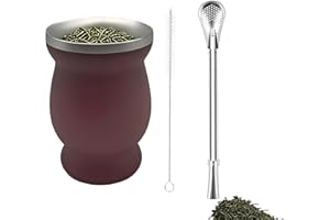 LJYING Stainless Steel Yerba Mate Cup 8oz - Double-Wall Gourd Design with Straw Spoon & Cleaning Brush, Yerba Mate Set for Mate Tea and Coffee (Burgundy)