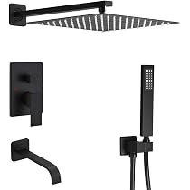 RTTWYYUU Duschsystem Schwarz – Wandmontage, Mit Regendusche, Handbrause & Wannenhahn, 4 Haken, 25,4 Cm Auslauf