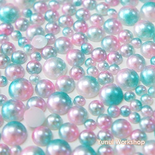 (Ombre Light Blue, Mixed 3/4/5/6mm, 2000pcs) Gradient Mermaid Half Round Flat Back Pearl ABS Resin Cabochons Deco Scrapbooking Nail Art Craft