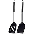 Carrot - Pack of 2 Silicone Solid Spatula Turner,Non Stick Slotted Kitchen Spatulas,High Heat Resistant BPA Free Cooking Utensils,Ideal Cookware for Fish,Eggs,Pancakes (Black)