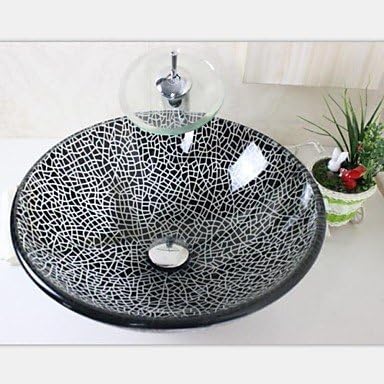 HFaucet® Black Crack Tempered Glass Vessel Sink With Chrome Waterfull tap Set