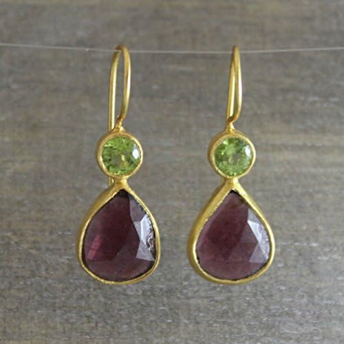 Peridot and Tourmaline Drop Gold Plated Sterling Silver Earrings Earwires