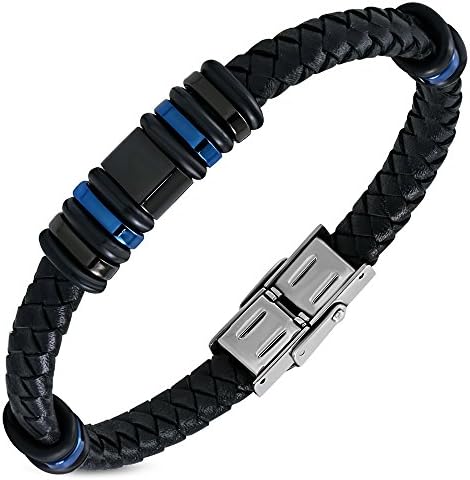 Savoir London - Gift Boxed - 21 cm Black Braided Leather Bracelet w/ Stainless Steel 3-tone Rings for Men