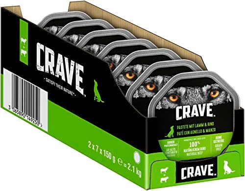 Crave Mangime per cani per adulti con agnello e manzo, 14 ciotole, 7 x 150 g (confezione da 2) – cibo per cani di alta qualità bagnato con alto contenuto proteico senza aggiunta di cereali