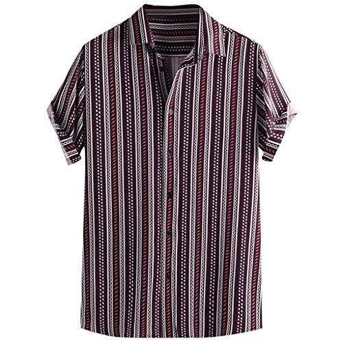 Preisvergleich Produktbild BHYDRY Herren Bunte Streifen Sommer Kurzarm lose Knöpfe Freizeithemd BluseMedium,Rot