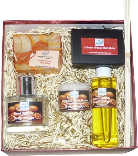 Fentons of Kent Luxury Sweet Orange Gift Set contains a natural Soap 110g,a 35g pot of Whipped Shea Butter (Body Butter), a box of 2 Bath Melts 15g each, & a Reed Diffuser Set