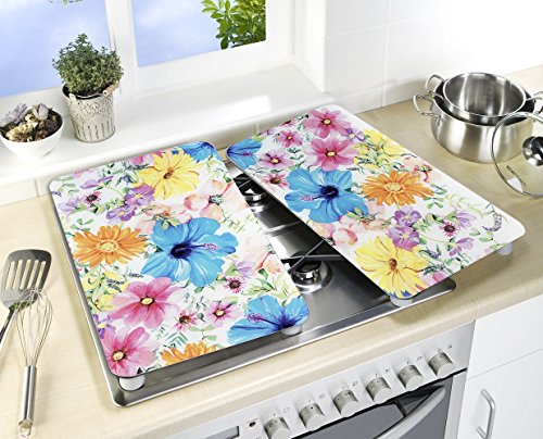 WENKO 2521454500 Herdabdeckplatte Universal Blütentraum – 2er Set, für alle Herdarten, Gehärtetes Glas, 30 x 1.8-4.5 x 52 cm, Mehrfarbig - 3