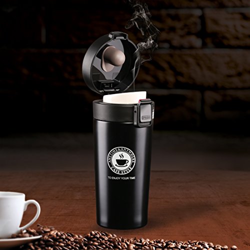 BOJIN Thermobecher 380 ML Edelstahl Kaffeebecher Trinkflasche für Reise Camp Sport Auto Schwarz - 7