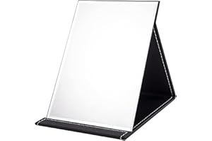 WFEWE Portable Folding Makeup Mirror Black PU Leather Travel Mirror with Stand Desktop Vanity Mirror for Travel Camping(L(8.15 * 6in), Black)