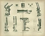 Mikroskope, Binokular-Mikroskop u.a. Antiker Stich von 1874.